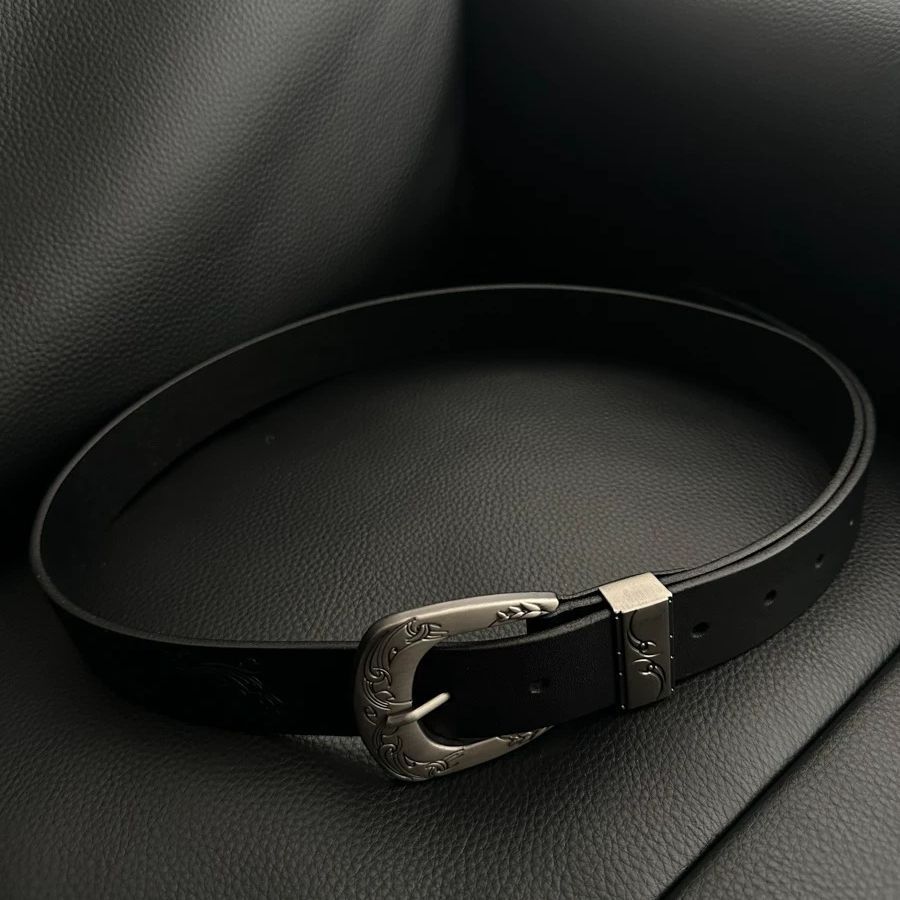 Vintage Scroll Engraved Leather Belt Western Floral Pin Buckle Unisex