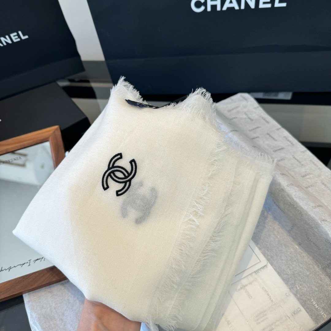 Chanel Ivory Fringed Cashmere Scarf